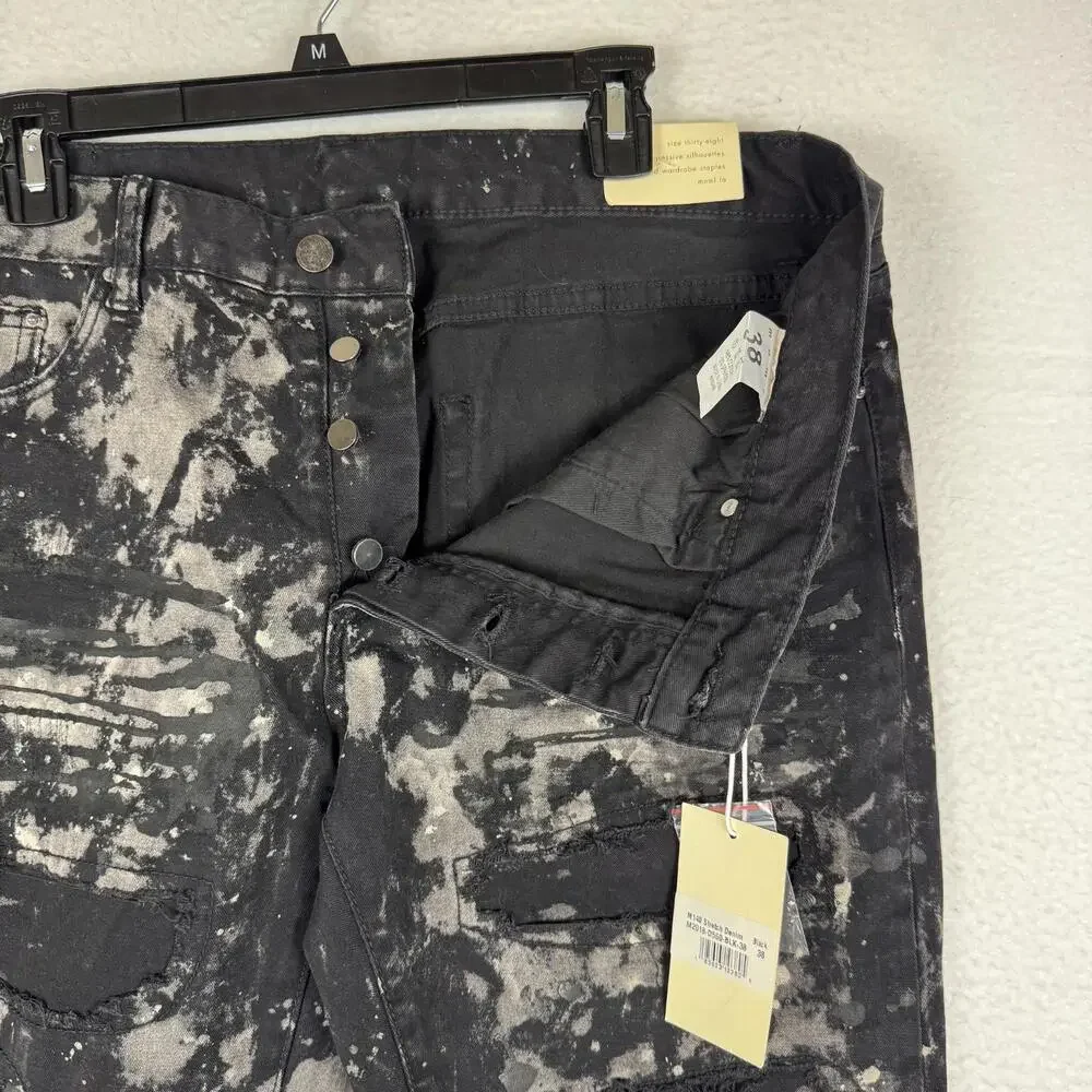 NWT MNML Men's 38x33 Slim Black Distressed Painted Stretch Zip Ankle Denim Jeans - Picture 2 of 11